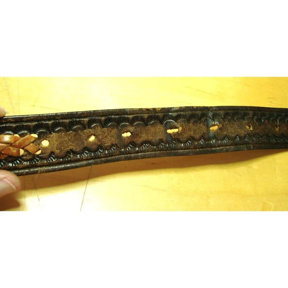 Mens Two Tone Brown Leather Braided Inlaid Belt Size 42 Made in Mexico Vintage